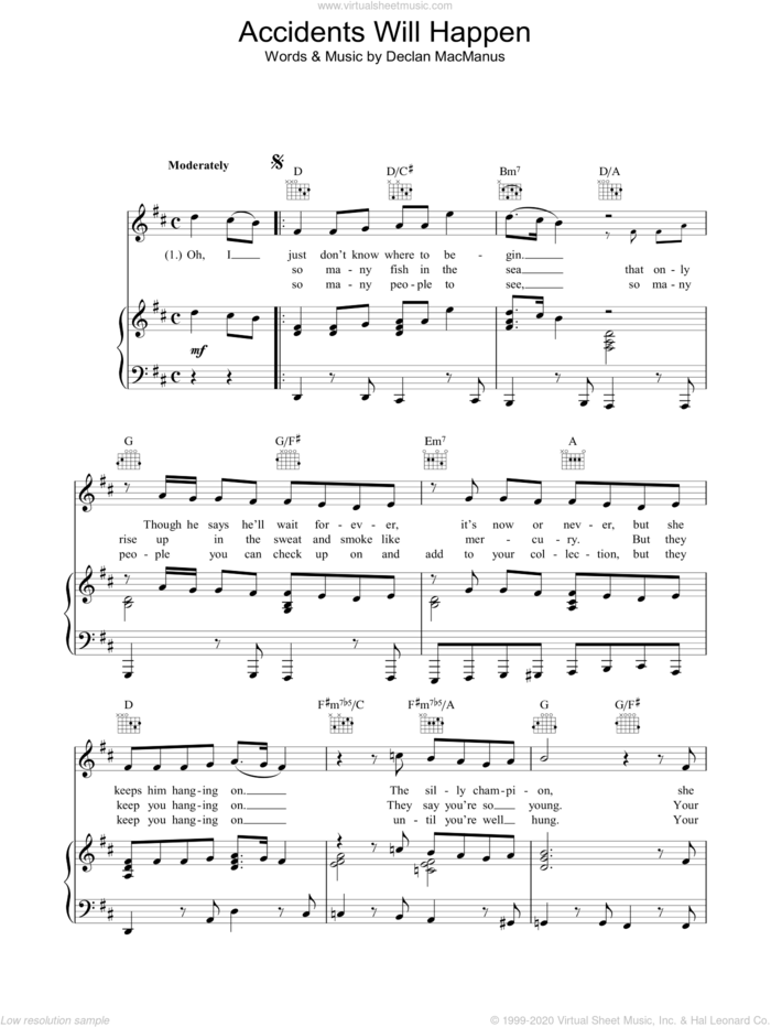 Accidents Will Happen sheet music for voice, piano or guitar by Elvis Costello and Declan Macmanus, intermediate skill level