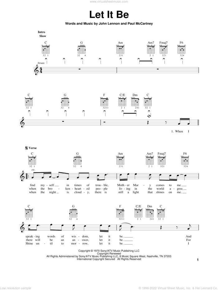 Let It Be sheet music for guitar solo (chords) by The Beatles, easy guitar (chords)