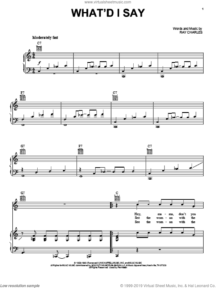What'd I Say sheet music for voice, piano or guitar by Roy Orbison, Elvis Presley and Ray Charles, intermediate skill level