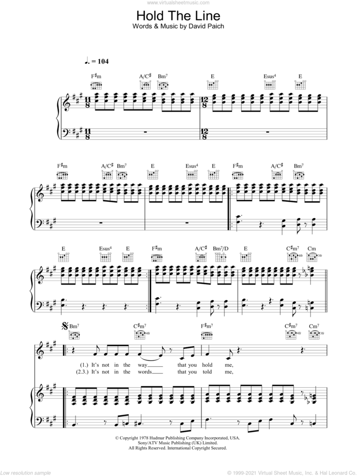 Hold The Line sheet music for voice, piano or guitar by Toto and David Paich, intermediate skill level
