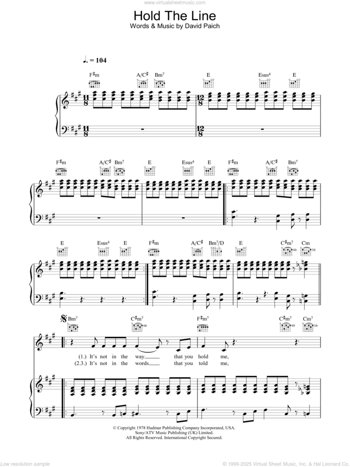 Hold The Line sheet music for voice, piano or guitar by Toto and David Paich, intermediate skill level