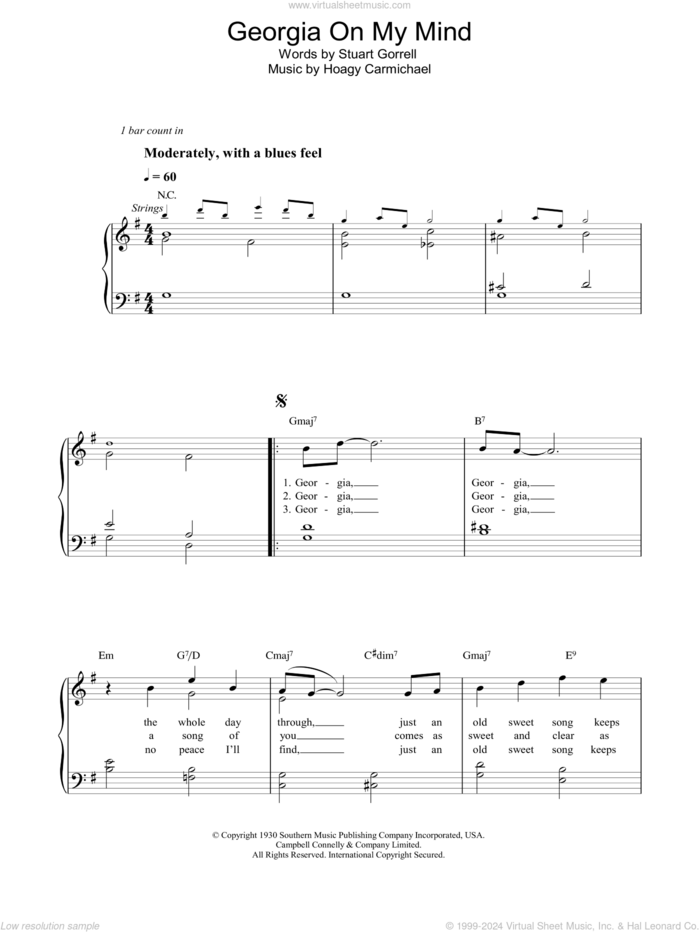 Georgia On My Mind, (easy) sheet music for piano solo by Ray Charles, Willie Nelson, Hoagy Carmichael and Stuart Gorrell, easy skill level
