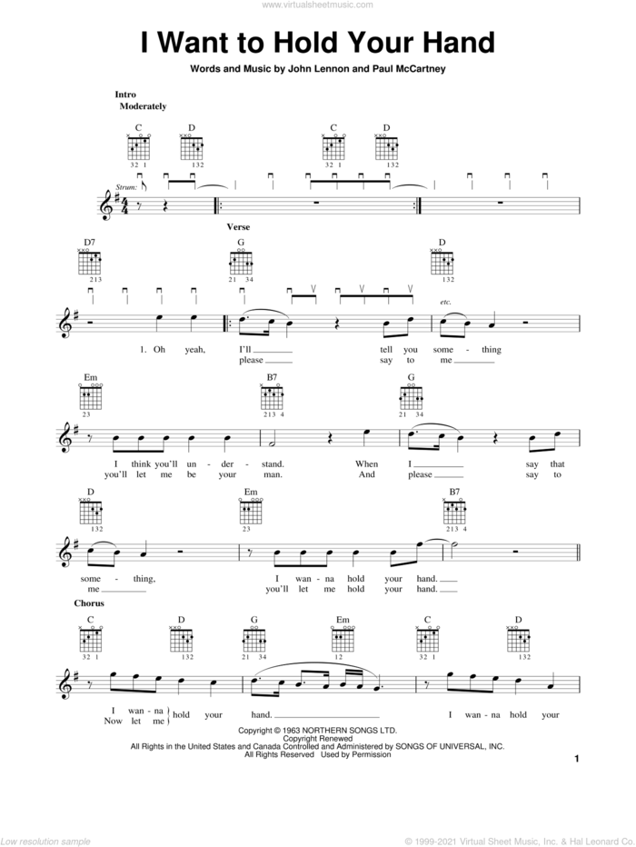 I Want To Hold Your Hand sheet music for guitar solo (chords) by The Beatles, easy guitar (chords)