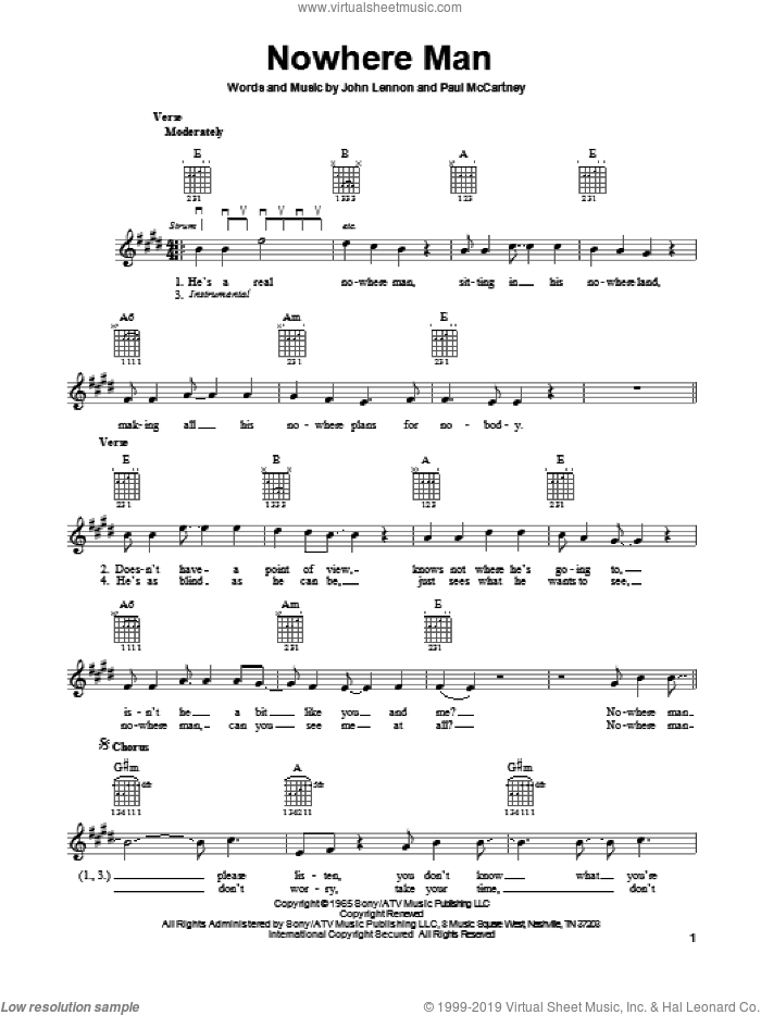 Nowhere Man sheet music for guitar solo (chords) by The Beatles, easy guitar (chords)