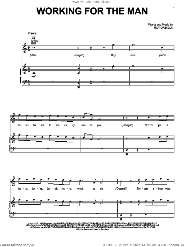 Working For The Man sheet music for voice, piano or guitar by Roy Orbison, intermediate skill level