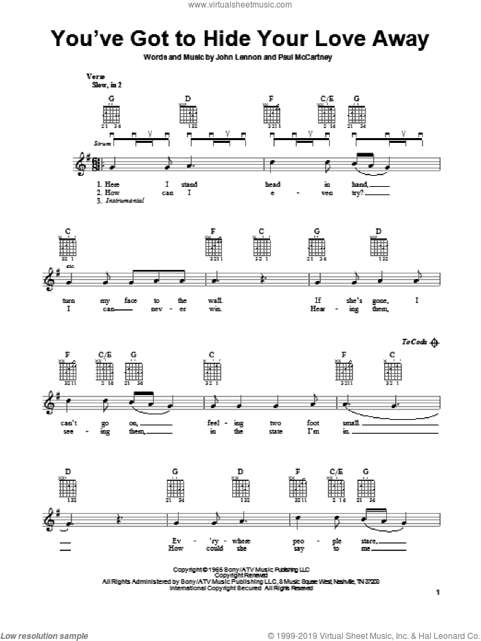 You've Got To Hide Your Love Away sheet music for guitar solo (chords) by The Beatles, easy guitar (chords)