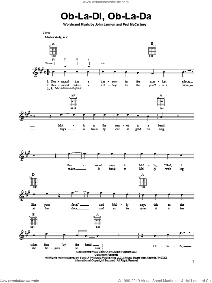 Ob-La-Di, Ob-La-Da sheet music for guitar solo (chords) by The Beatles, easy guitar (chords)
