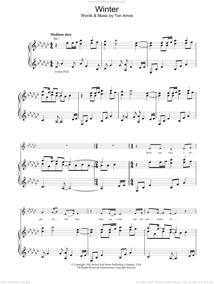 Winter sheet music for voice, piano or guitar by Tori Amos, intermediate skill level