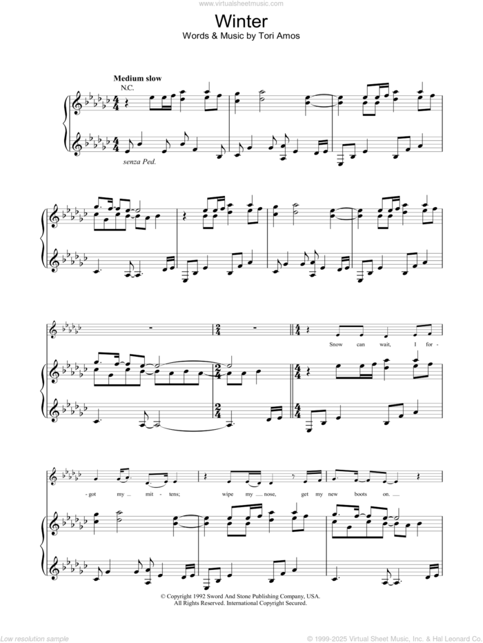 Winter sheet music for voice, piano or guitar by Tori Amos, intermediate skill level