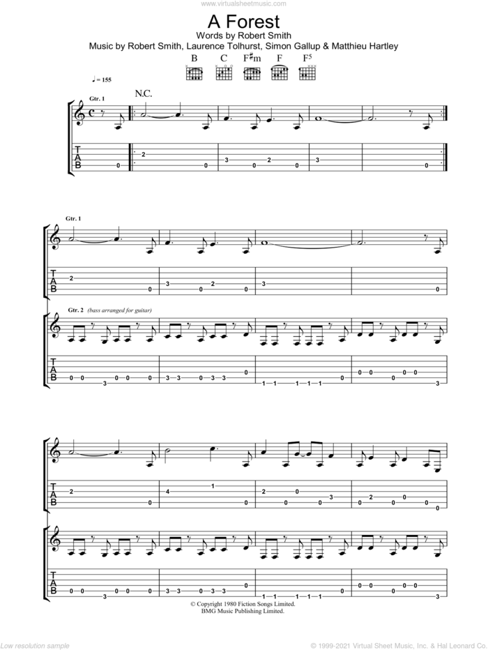 A Forest sheet music for guitar (tablature) by The Cure, Laurence Tolhurst, Matthieu Hartley, Robert Smith and Simon Gallup, intermediate skill level