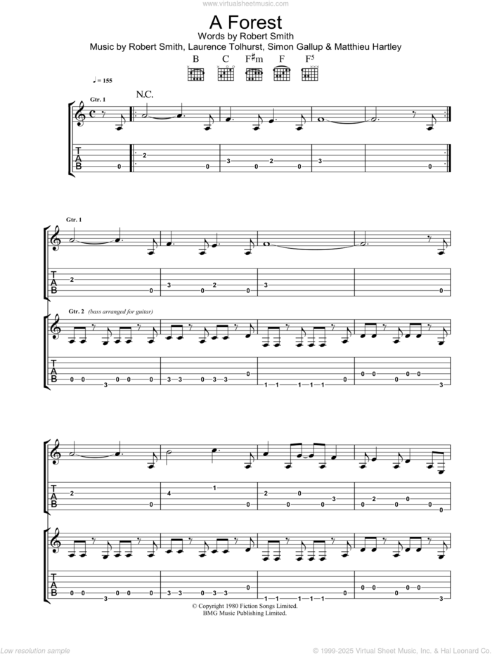 A Forest sheet music for guitar (tablature) by The Cure, Laurence Tolhurst, Matthieu Hartley, Robert Smith and Simon Gallup, intermediate skill level