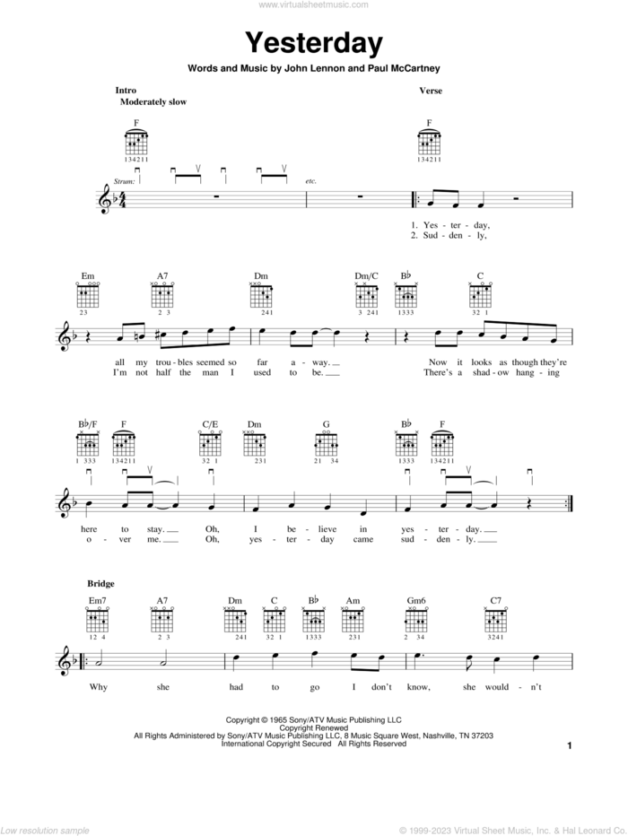 Yesterday sheet music for guitar solo (chords) by The Beatles, John Lennon and Paul McCartney, easy guitar (chords)