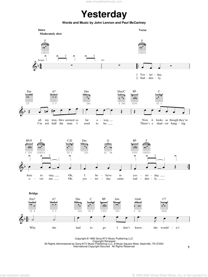 Yesterday sheet music for guitar solo (chords) by The Beatles, John Lennon and Paul McCartney, easy guitar (chords)