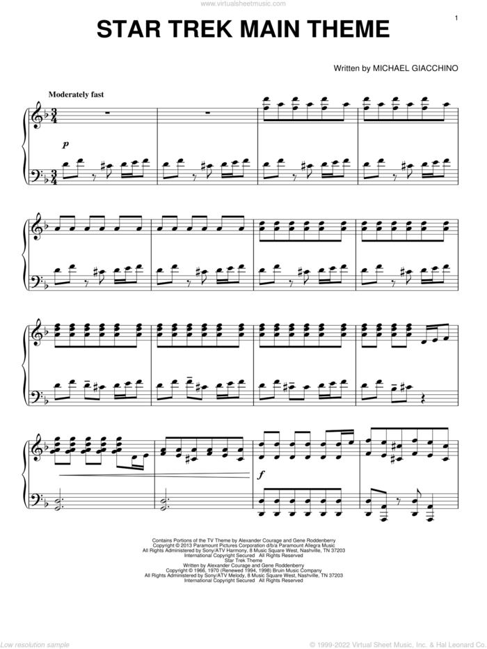 Star Trek Main Theme sheet music for piano solo by Alexander Courage, Gene Roddenberry, Michael Giacchino and Star Trek: Into Darkness (Movie), intermediate skill level