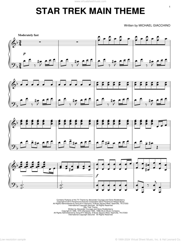 Star Trek Main Theme sheet music for piano solo by Alexander Courage, Gene Roddenberry, Michael Giacchino and Star Trek: Into Darkness (Movie), intermediate skill level