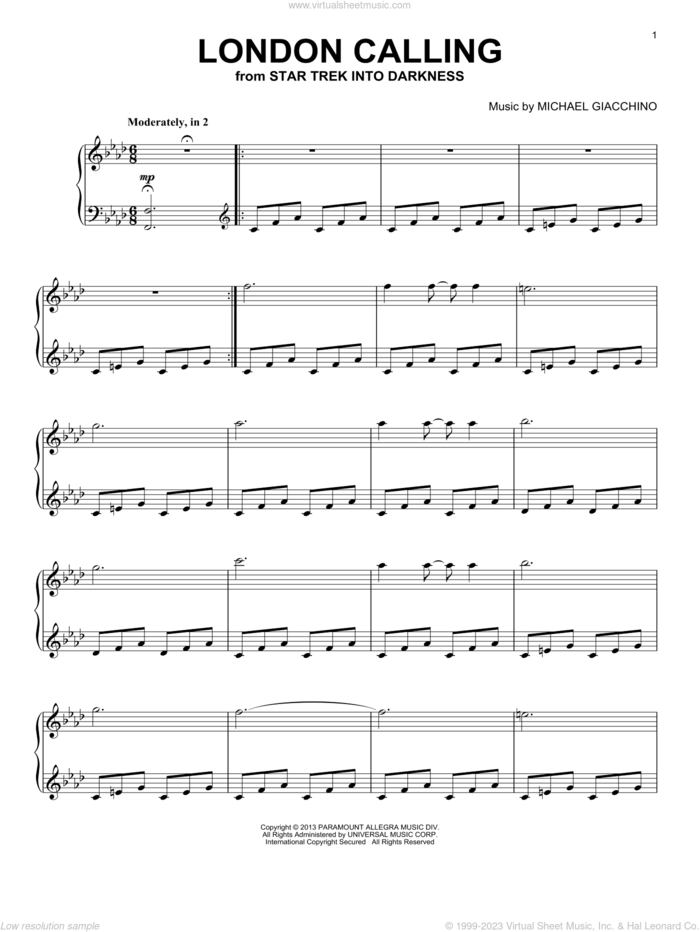London Calling sheet music for piano solo by Michael Giacchino and Star Trek: Into Darkness (Movie), intermediate skill level