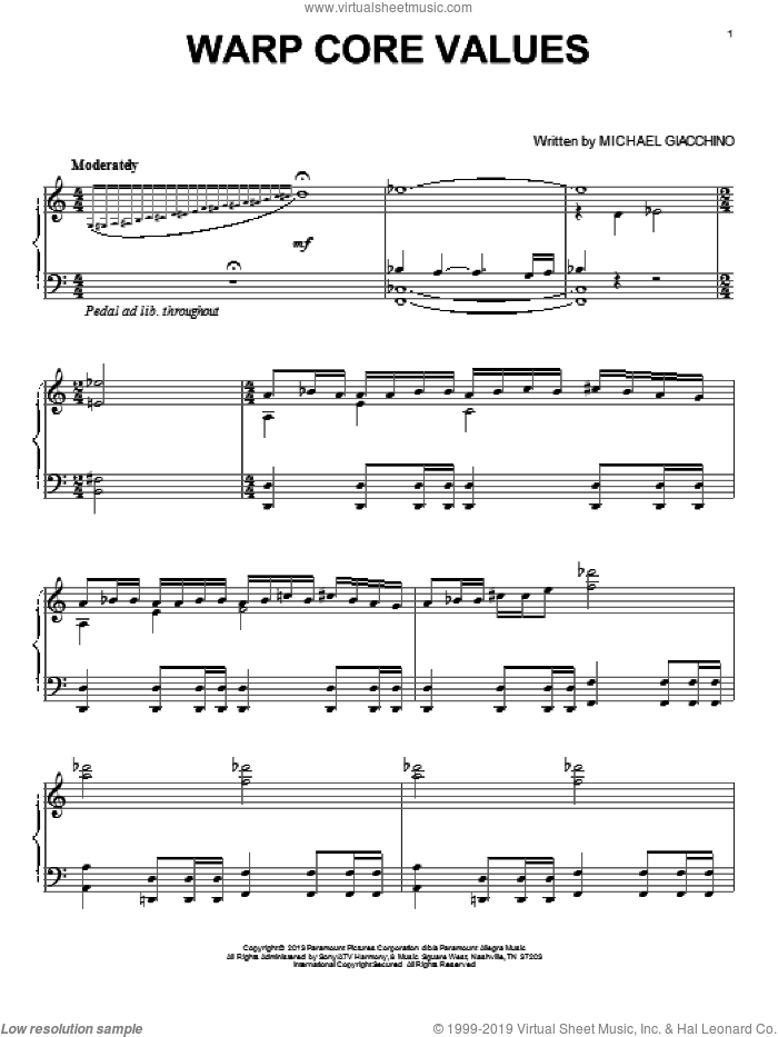 Warp Core Values sheet music for piano solo by Michael Giacchino and Star Trek: Into Darkness (Movie), classical score, intermediate skill level