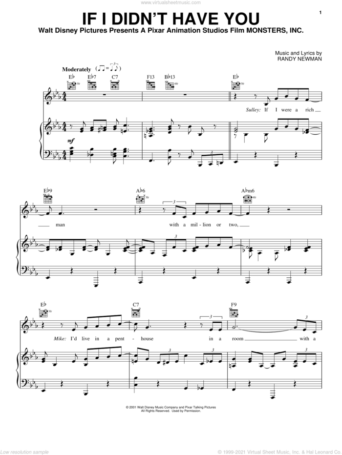 If I Didn't Have You (from Monsters, Inc.) sheet music for voice, piano or guitar by Billy Crystal and John Goodman, Billy Crystal, John Goodman, Monsters, Inc. (Movie) and Randy Newman, intermediate skill level