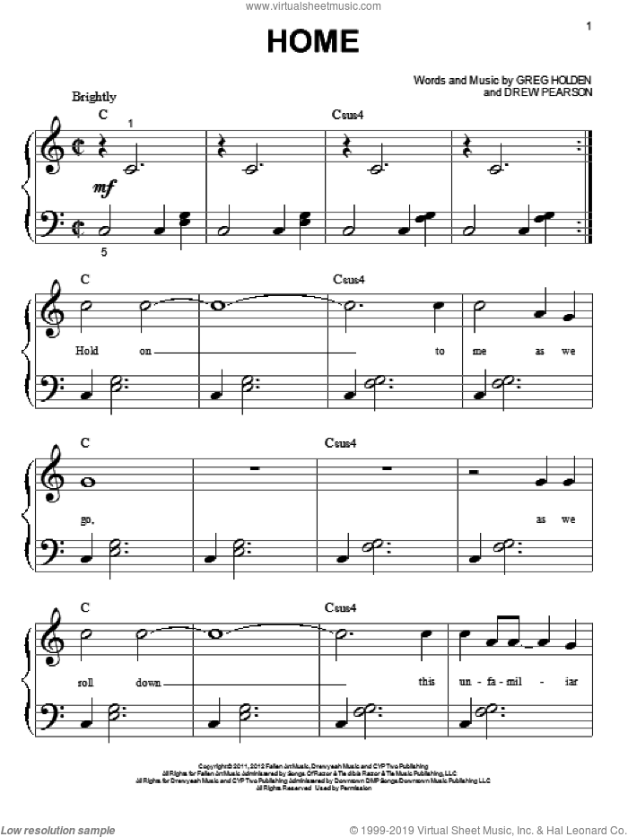Home sheet music for piano solo (big note book) by Phillip Phillips, easy piano (big note book)