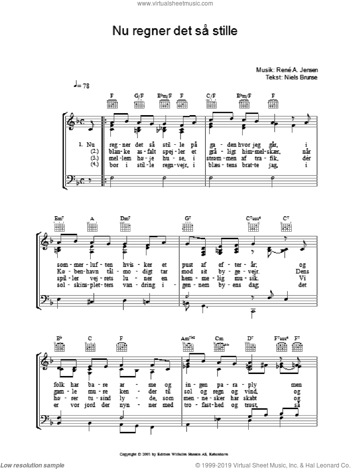 Nu Regner Det SA Stille sheet music for voice, piano or guitar by Rene A. Jensen and Niels Brunse, intermediate skill level