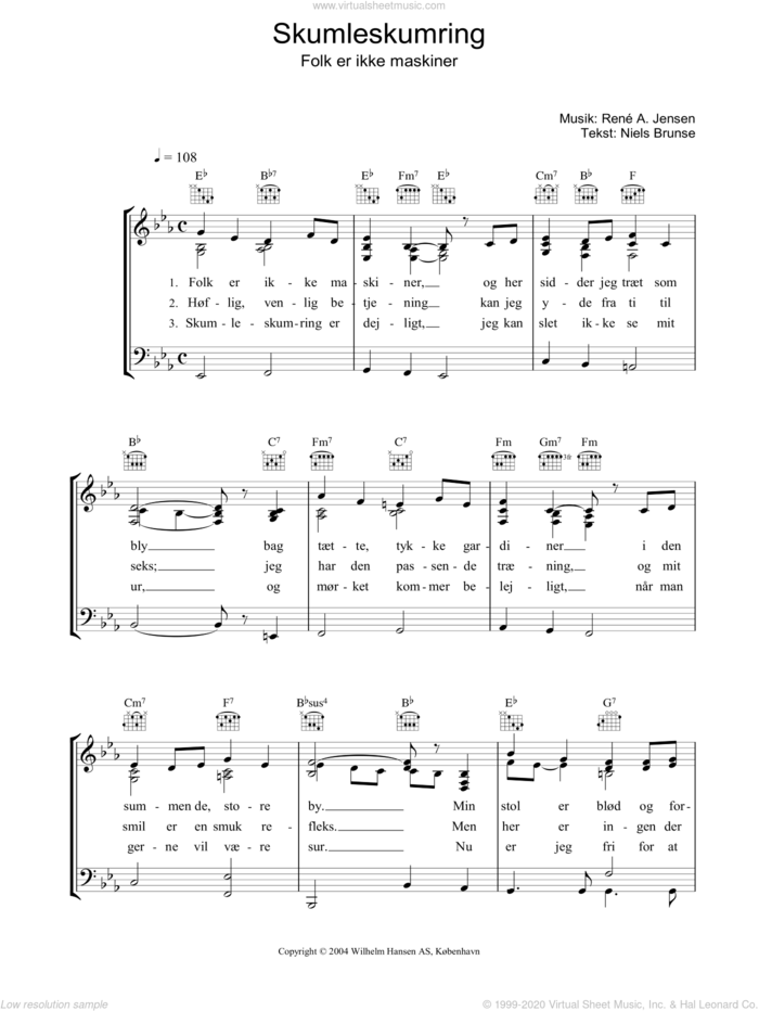 Skumleskumring sheet music for voice, piano or guitar by Rene A. Jensen and Niels Brunse, intermediate skill level