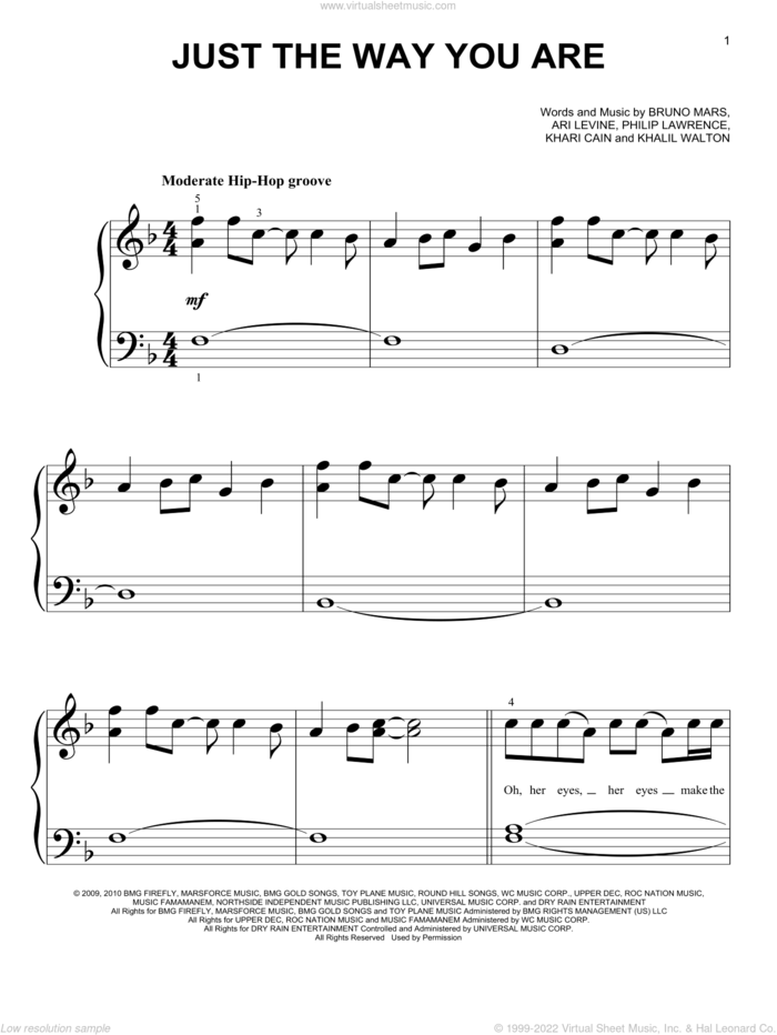Just The Way You Are sheet music for piano solo (big note book) by Bruno Mars, wedding score, easy piano (big note book)
