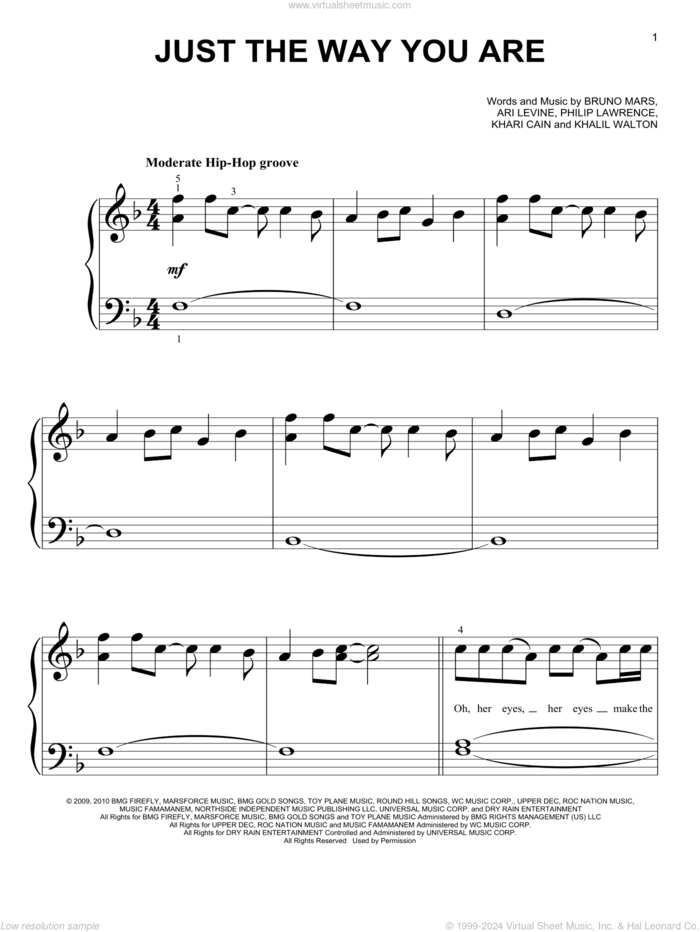 Just The Way You Are sheet music for piano solo (big note book) by Bruno Mars, wedding score, easy piano (big note book)