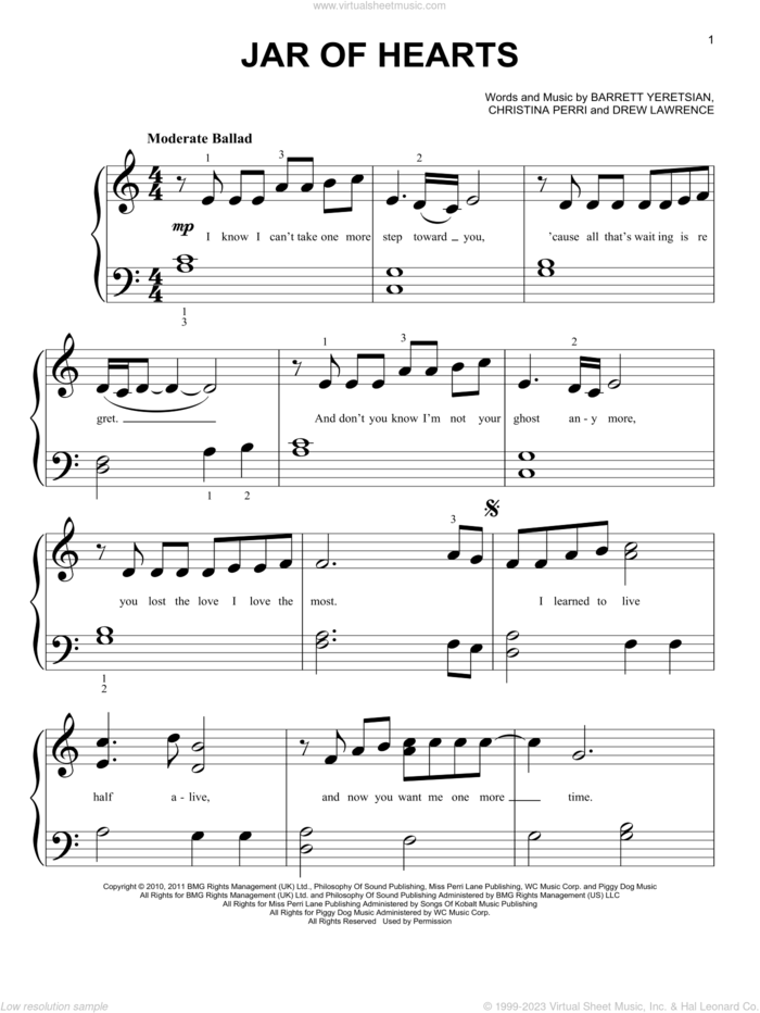 Jar Of Hearts sheet music for piano solo (big note book) by Christina Perri, easy piano (big note book)