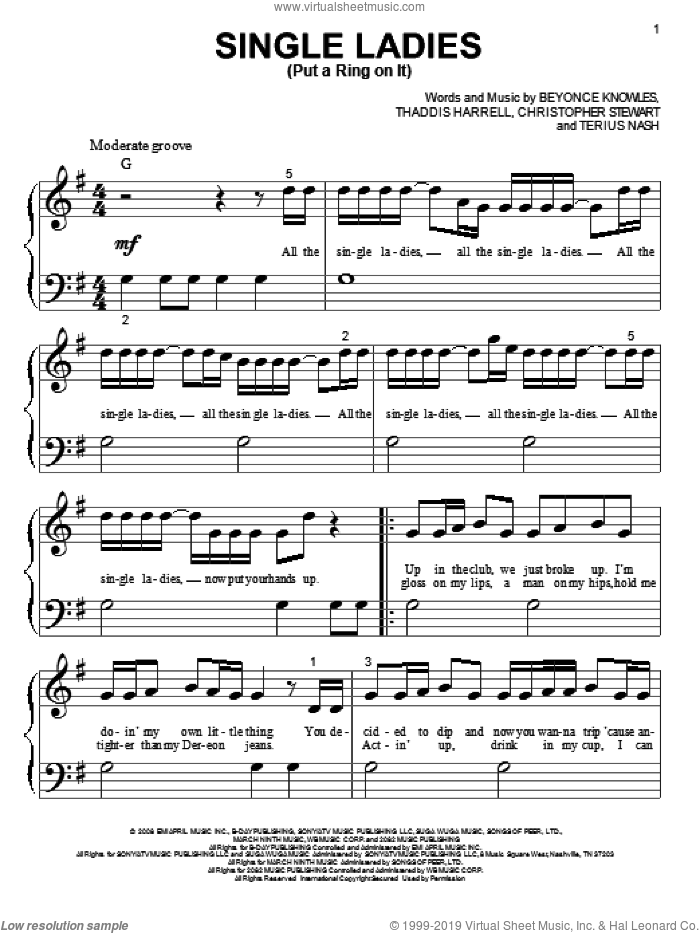 Single Ladies (Put A Ring On It) sheet music for piano solo (big note book) by Beyonce, easy piano (big note book)