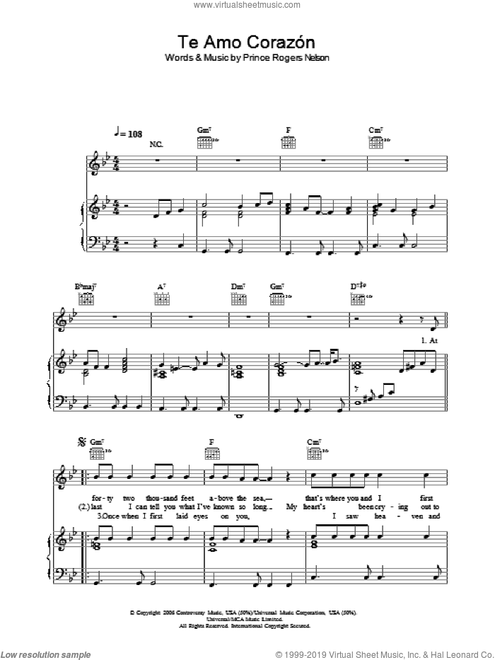 Te Amo Corazon sheet music for voice, piano or guitar by Prince and Prince Rogers Nelson, intermediate skill level