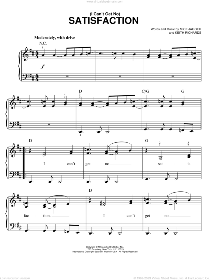 (I Can't Get No) Satisfaction sheet music for piano solo by The Rolling Stones, Keith Richards and Mick Jagger, easy skill level