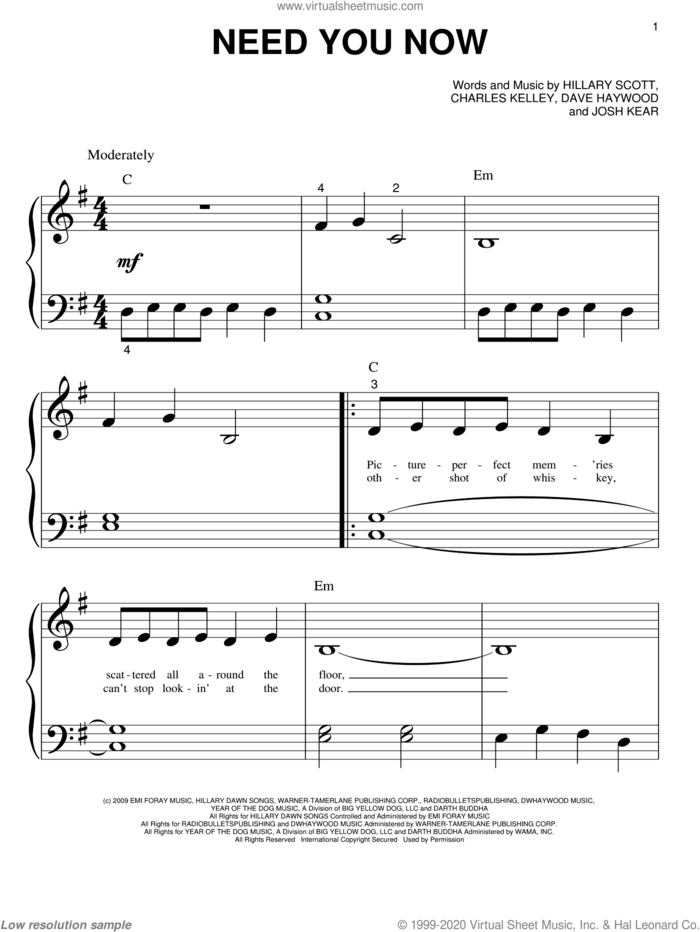 Need You Now sheet music for piano solo (big note book) by Lady Antebellum and Lady A, easy piano (big note book)