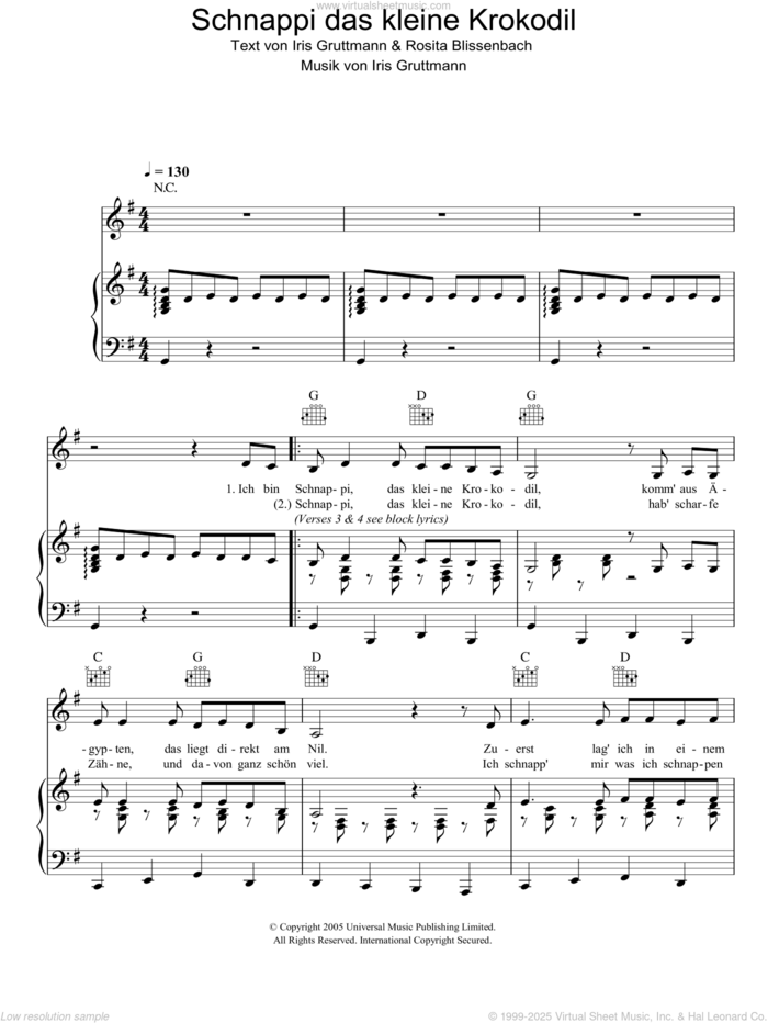 Schnappi das kleine Krokodil sheet music for voice, piano or guitar by Schnappi, Iris Gruttmann and Rosita Blissenbach, intermediate skill level