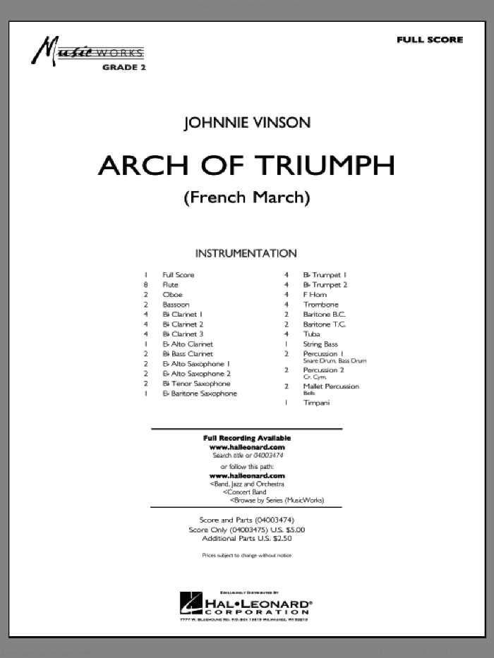 Arch of Triumph (French March) (COMPLETE) sheet music for concert band by Johnnie Vinson, intermediate skill level