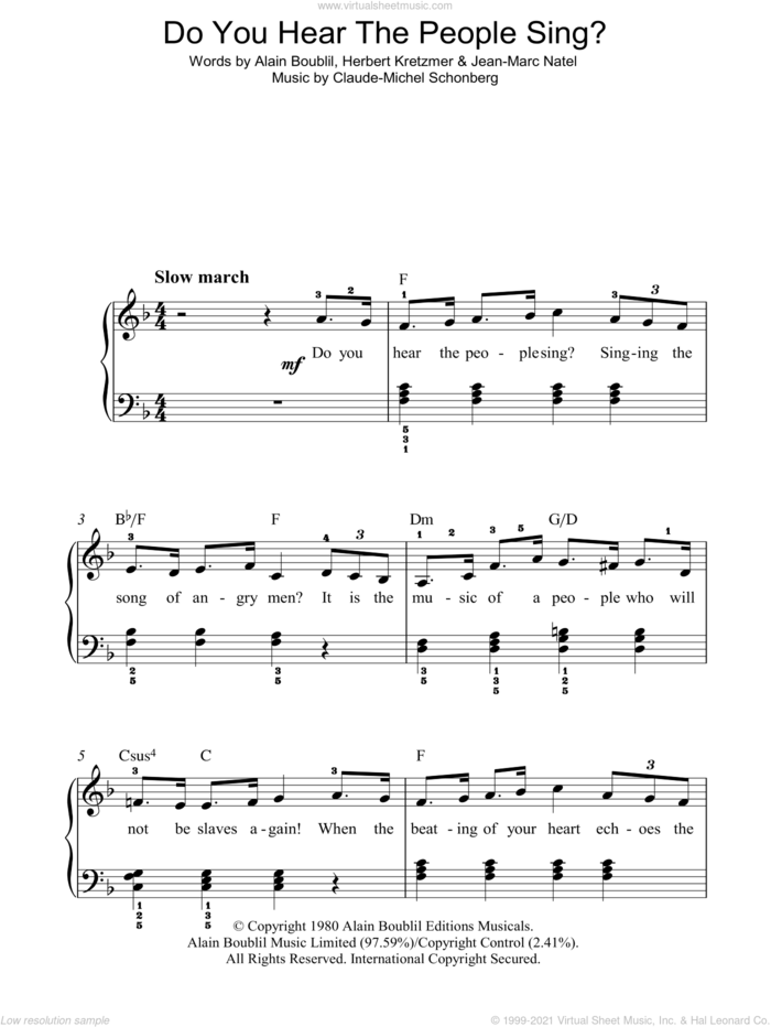 Do You Hear The People Sing? sheet music for piano solo by Alain Boublil, Les Miserables (Musical), Claude-Michel Schonberg, Herbert Kretzmer and Jean-Marc Natel, easy skill level