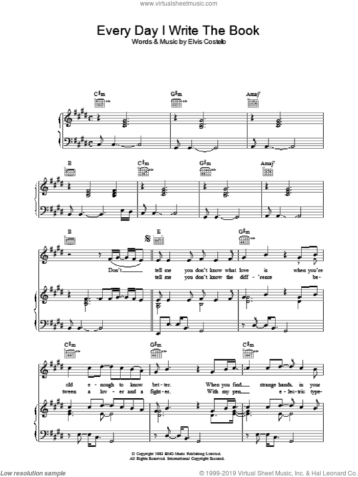 Every Day I Write The Book sheet music for voice, piano or guitar by Elvis Costello, intermediate skill level