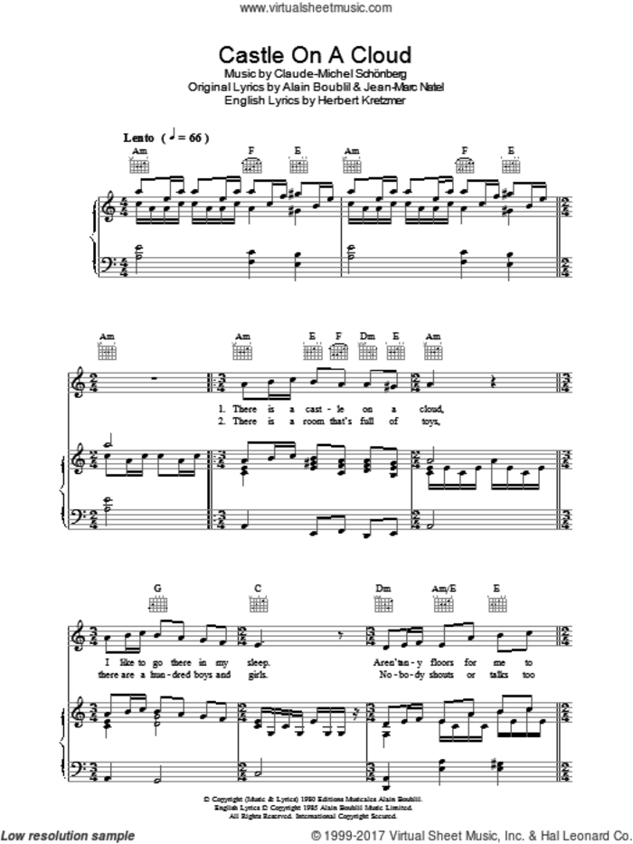 Castle On A Cloud sheet music for voice, piano or guitar by Alain Boublil, Les Miserables (Musical), Claude-Michel Schonberg, Herbert Kretzmer and Jean-Marc Natel, intermediate skill level