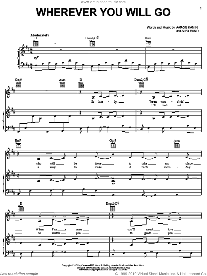 Wherever You Will Go sheet music for voice, piano or guitar by The Calling, Aaron Kamin and Alex Band, intermediate skill level