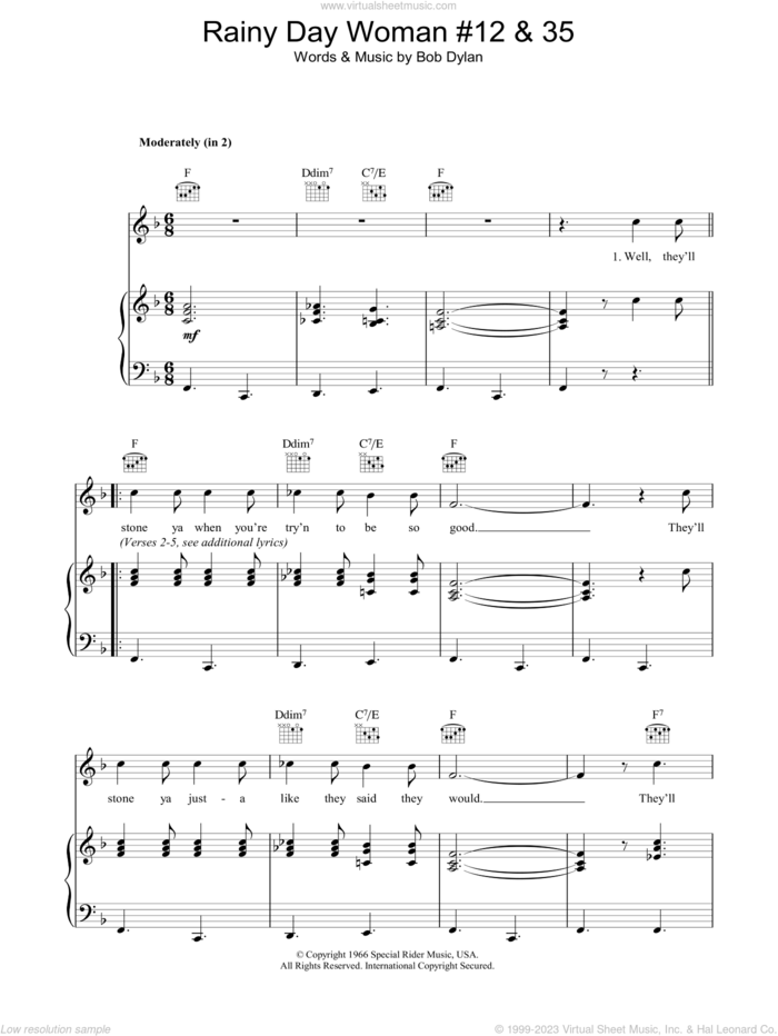 Rainy Day Woman #12 and 35 sheet music for voice, piano or guitar by Bob Dylan, intermediate skill level