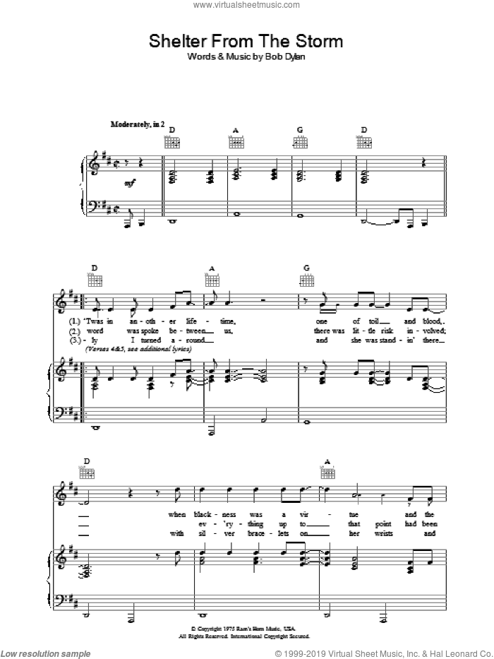 Shelter From The Storm sheet music for voice, piano or guitar by Bob Dylan, intermediate skill level