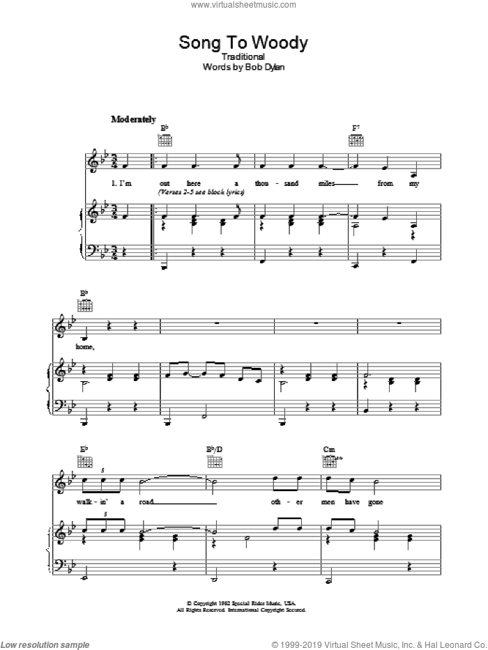 Song To Woody sheet music for voice, piano or guitar by Bob Dylan and Miscellaneous, intermediate skill level