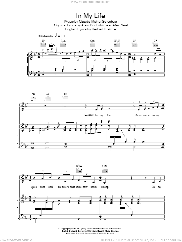 In My Life sheet music for voice, piano or guitar by Alain Boublil, Claude-Michel Schonberg, Herbert Kretzmer and Jean-Marc Natel, intermediate skill level