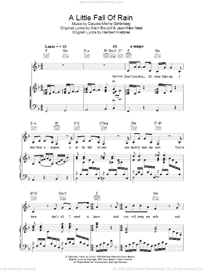A Little Fall Of Rain sheet music for voice, piano or guitar by Alain Boublil, Claude-Michel Schonberg, Herbert Kretzmer and Jean-Marc Natel, intermediate skill level