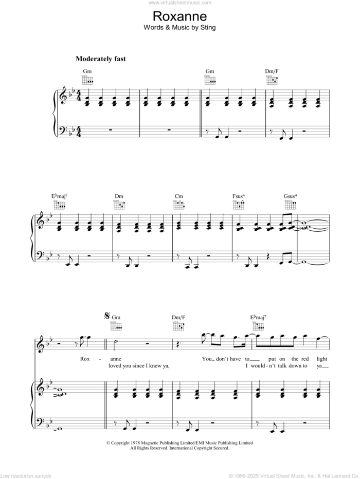 Roxanne sheet music for voice, piano or guitar by The Police and Sting, intermediate skill level