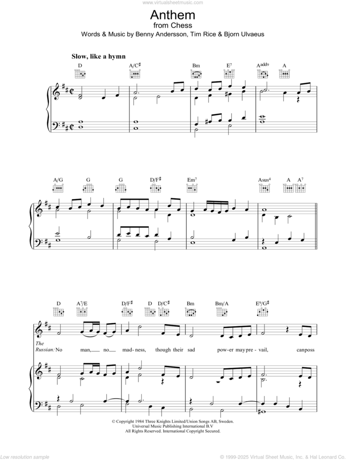 Anthem (from Chess) sheet music for voice, piano or guitar by Benny Andersson, Bjorn Ulvaeus, Miscellaneous and Tim Rice, intermediate skill level