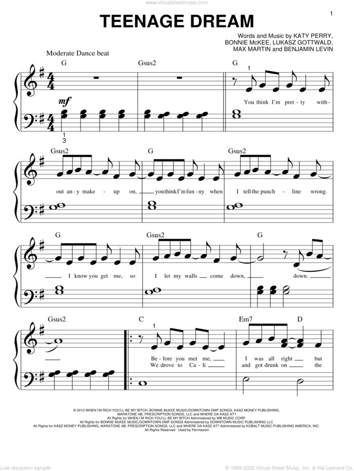 Teenage Dream sheet music for piano solo (big note book) by Katy Perry, easy piano (big note book)