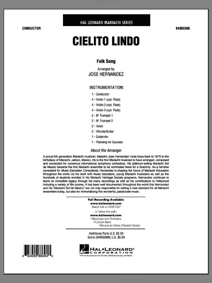 Cielito Lindo (COMPLETE) sheet music for concert band by Jose Hernandez, intermediate skill level