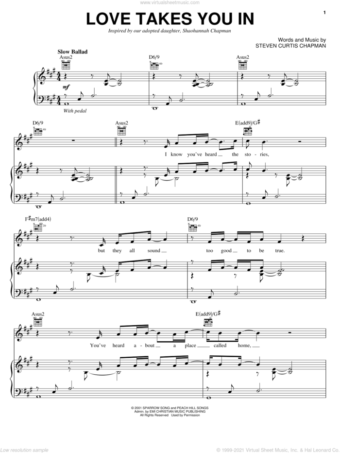 Love Takes You In sheet music for voice, piano or guitar by Steven Curtis Chapman, intermediate skill level