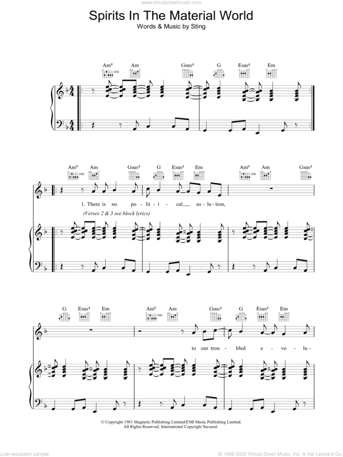 Spirits In The Material World sheet music for voice, piano or guitar by The Police and Sting, intermediate skill level