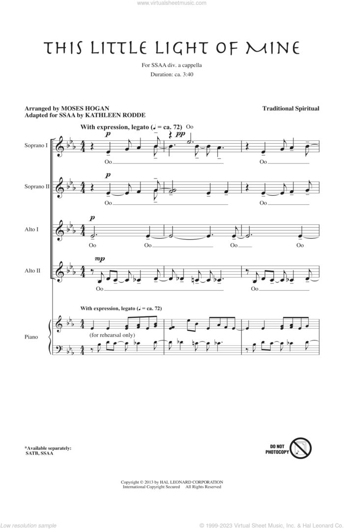 This Little Light Of Mine (arr. Moses Hogan) sheet music for choir (SSA: soprano, alto) by Moses Hogan, Kathleen Rodde and Miscellaneous, intermediate skill level